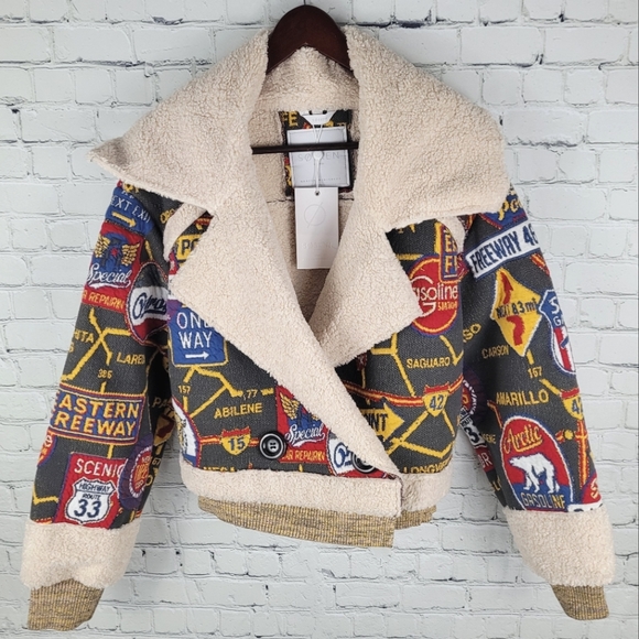 SOSKEN | January tapestry road map knit sherpa button close biker jacket - Picture 3 of 15
